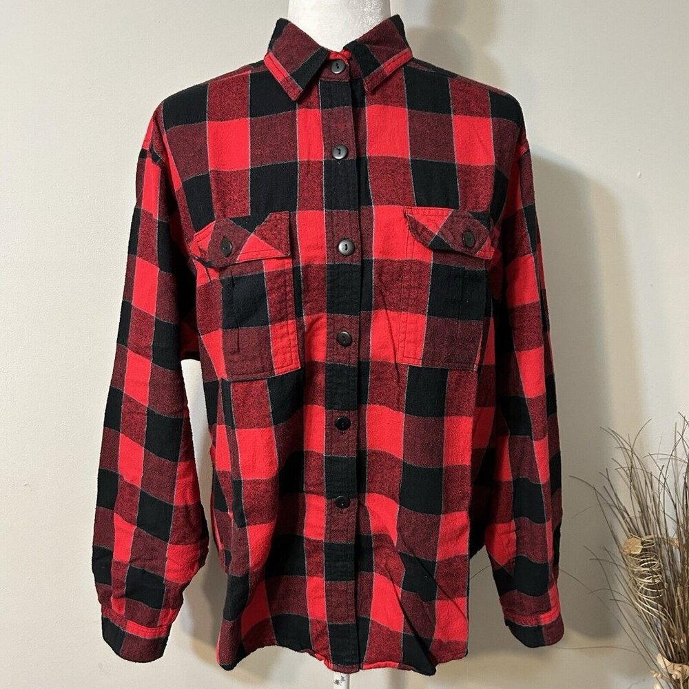 VTG French Navy Women Long Sleeve Button Up Flannel Shirt Plaid Red Pockets Sz M